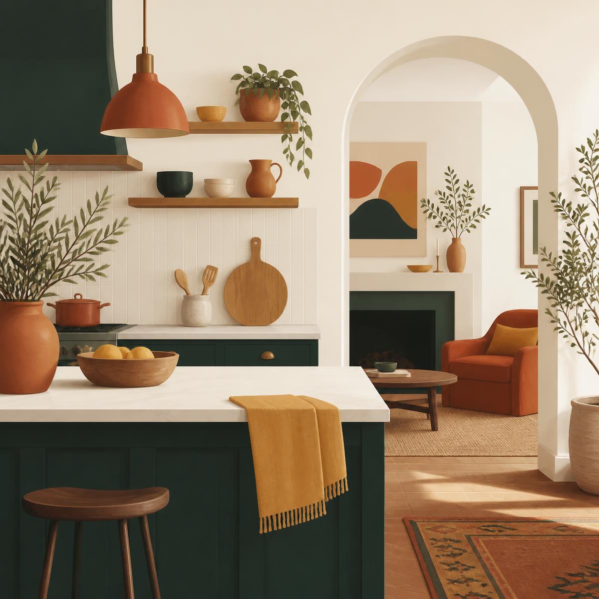 Cozinha e sala de uma casa acolhedora, ilustrando o cuidado com o lar